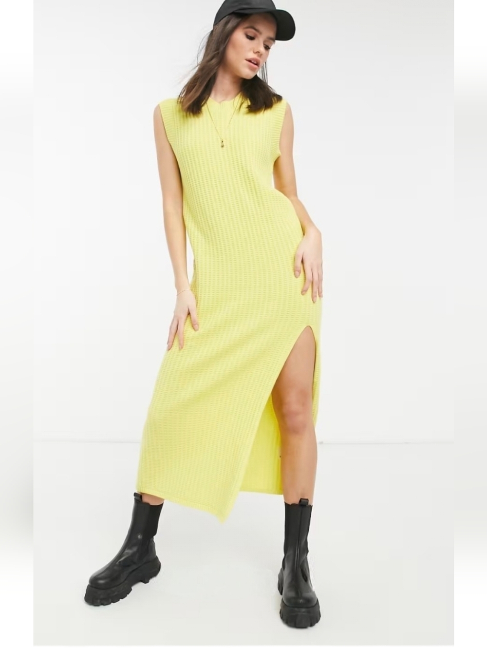 Lost Ink  Yellow Sleeveless Ribbed Knit Maxi Dress  Sz L